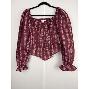 Francescas Burgundy Floral Corset Top Long Sleeve Smocked Blouse Small